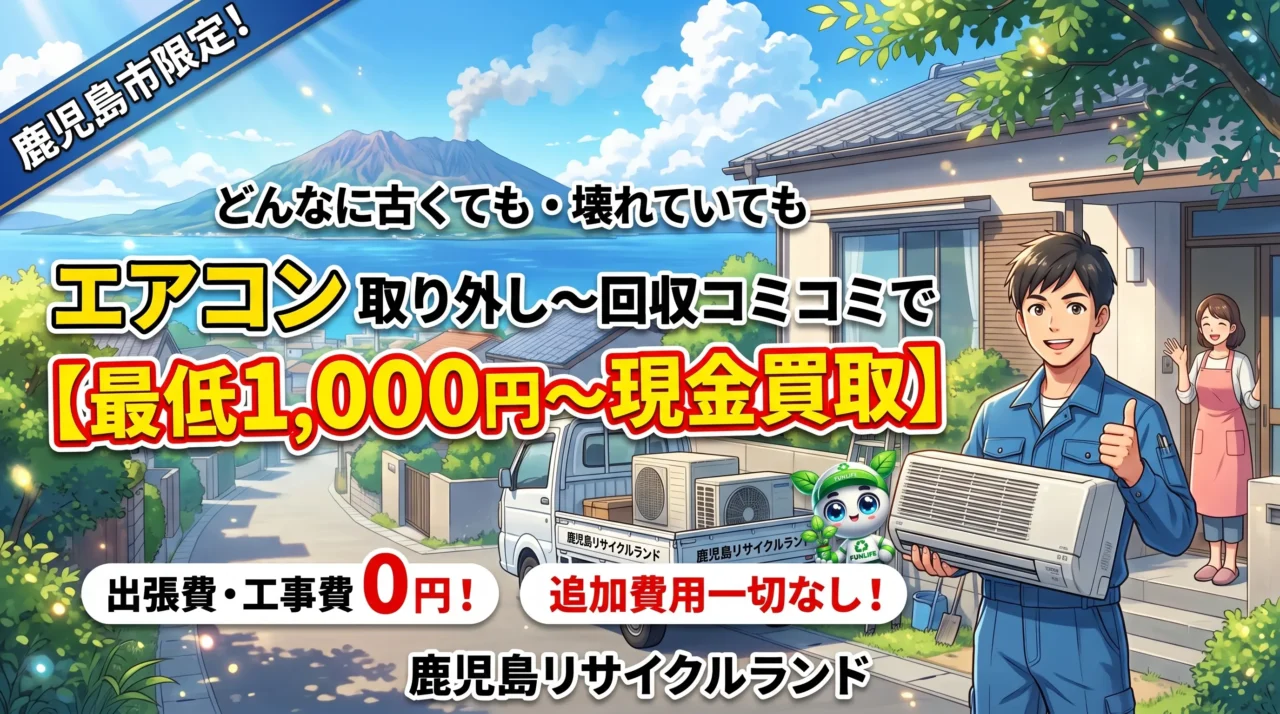 【鹿児島市限定】エアコン処分は売る時代！取り外し無料＋最低1,000円現金買取