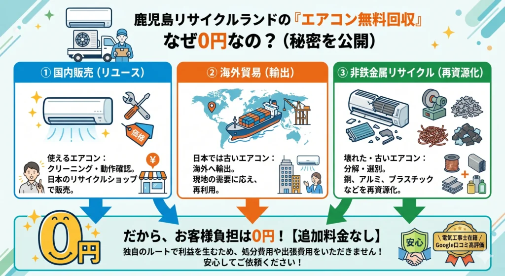鹿児島リサイクルランドのエアコン無料回収が0円でできる3つの理由（国内販売・海外貿易・非鉄金属リサイクル）の図解