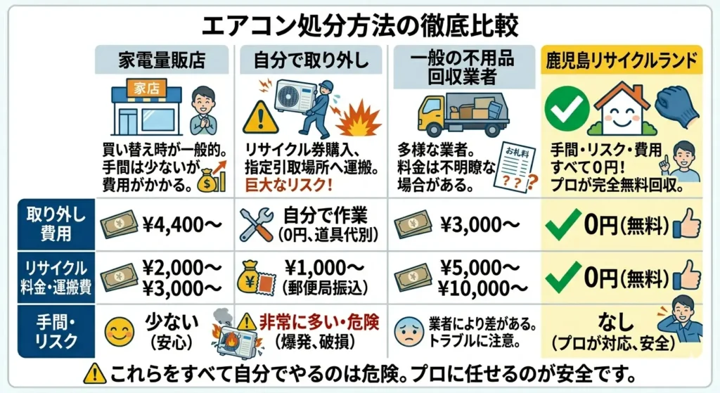 エアコン処分方法の4社徹底比較表（家電量販店、自分での取り外し、一般の不用品回収業者、鹿児島リサイクルランド）。取り外し費用、リサイクル料金・運搬費、手間・リスクの3項目で比較し、鹿児島リサイクルランドが唯一すべての費用が0円（無料）でリスクがないことを示すイラスト図解