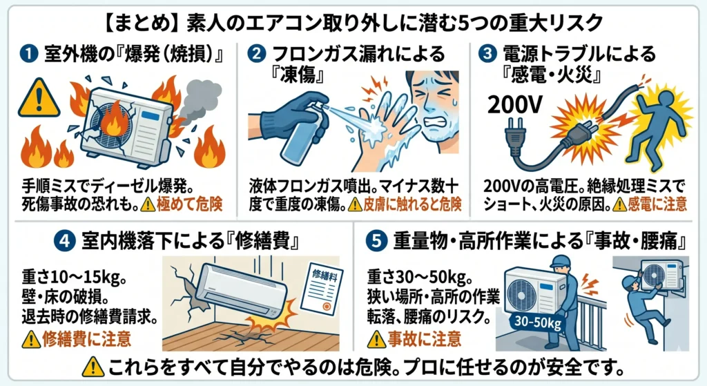 素人がエアコンを自分で外す際の5つの重大リスク（室外機の爆発、フロンガスによる凍傷、200Vの感電・火災、室内機落下による壁や床の破損、重量物搬出による転落や腰痛）を解説したイラスト図解