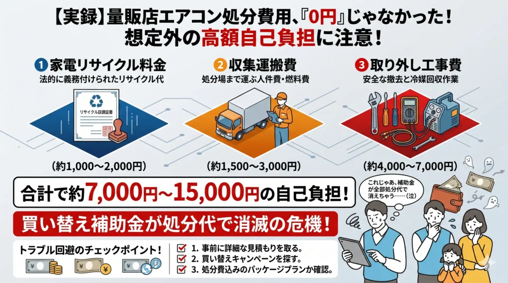 家電量販店でエアコンを処分・引き取りする際にかかる家電リサイクル料金・収集運搬費・取り外し工事費の内訳と合計費用の落とし穴解説図解
