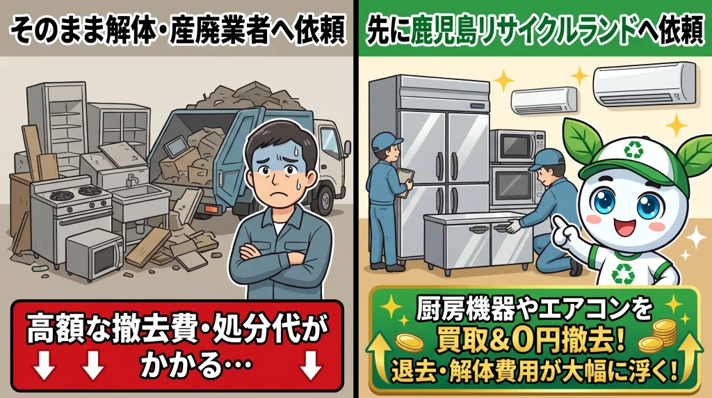 鹿児島市での店舗閉店・退去時に厨房機器や業務用エアコンを買取・0円撤去して原状回復・解体費用を削減する比較図