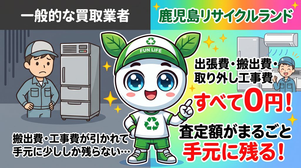 鹿児島市の厨房機器・業務用品買取で出張費・搬出費・取り外し工事費がすべて0円の鹿児島リサイクルランドと他社の比較図解