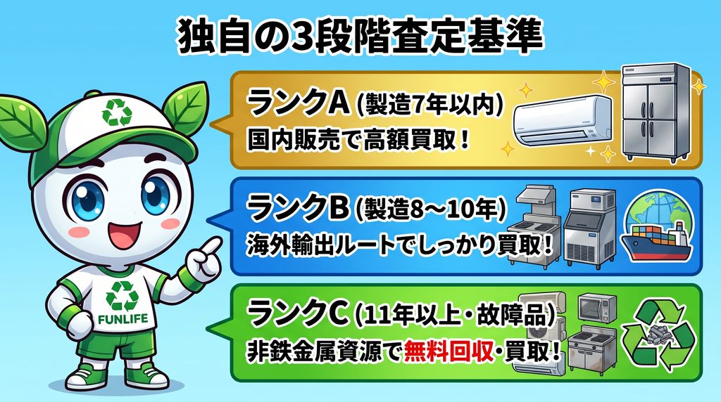 鹿児島市の業務用品・厨房機器買取における独自の3段階査定基準（ランクA高額買取・ランクB海外輸出・ランクC無料回収）の図解