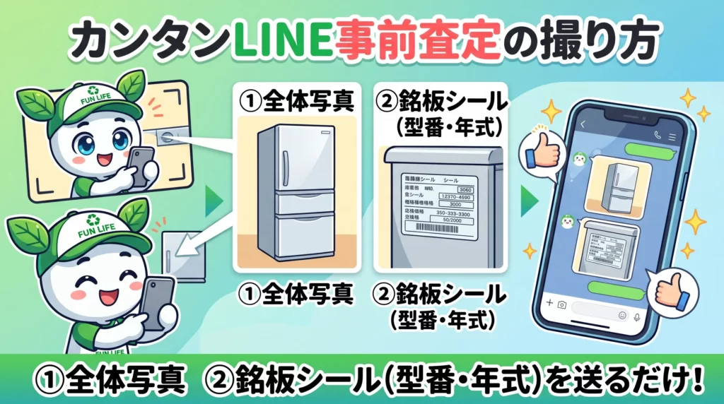 業務用冷蔵庫や厨房機器の全体写真と銘板シール（型番・年式）をスマホで撮影して送る公式LINE無料事前査定の方法