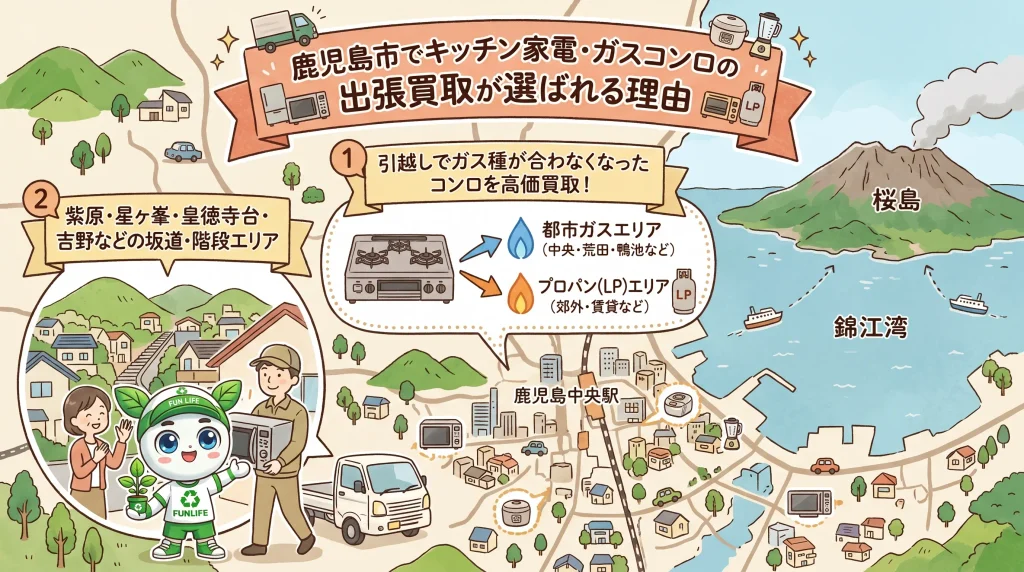 鹿児島市の都市ガス・プロパンガス引越し事情と紫原・星ヶ峯・皇徳寺台・吉野など坂道・階段エリアの出張買取マップ